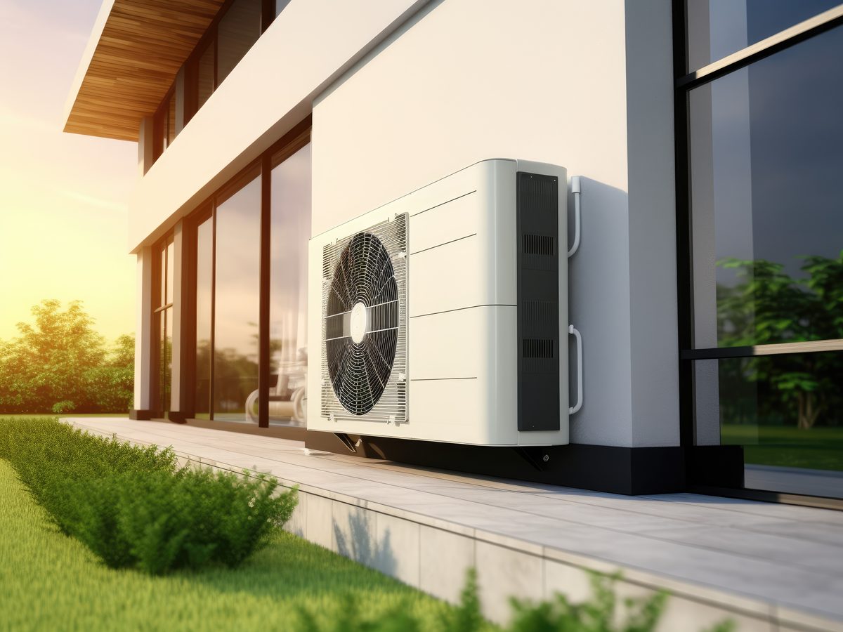 Außeneinheit einer Wärmepumpe an einem Wohnhaus